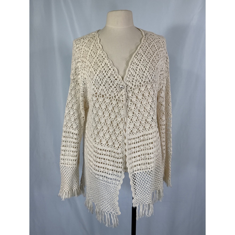 Tiara International Cream Open Knit Crochet Cardigan Fringe Ramie Cotton XL VTG